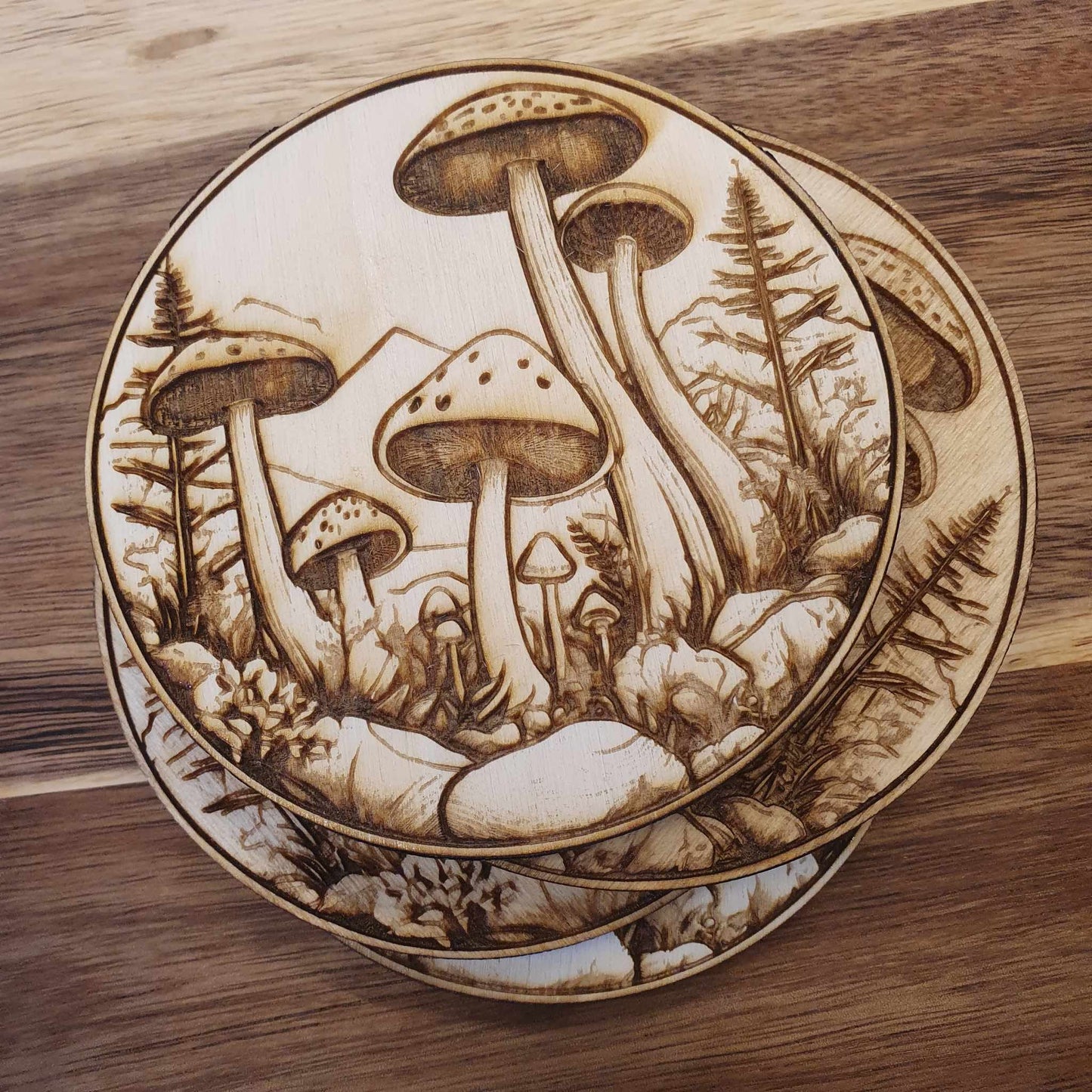 Laser-Engraved Wooden Mushroom Coasters – Set of 4