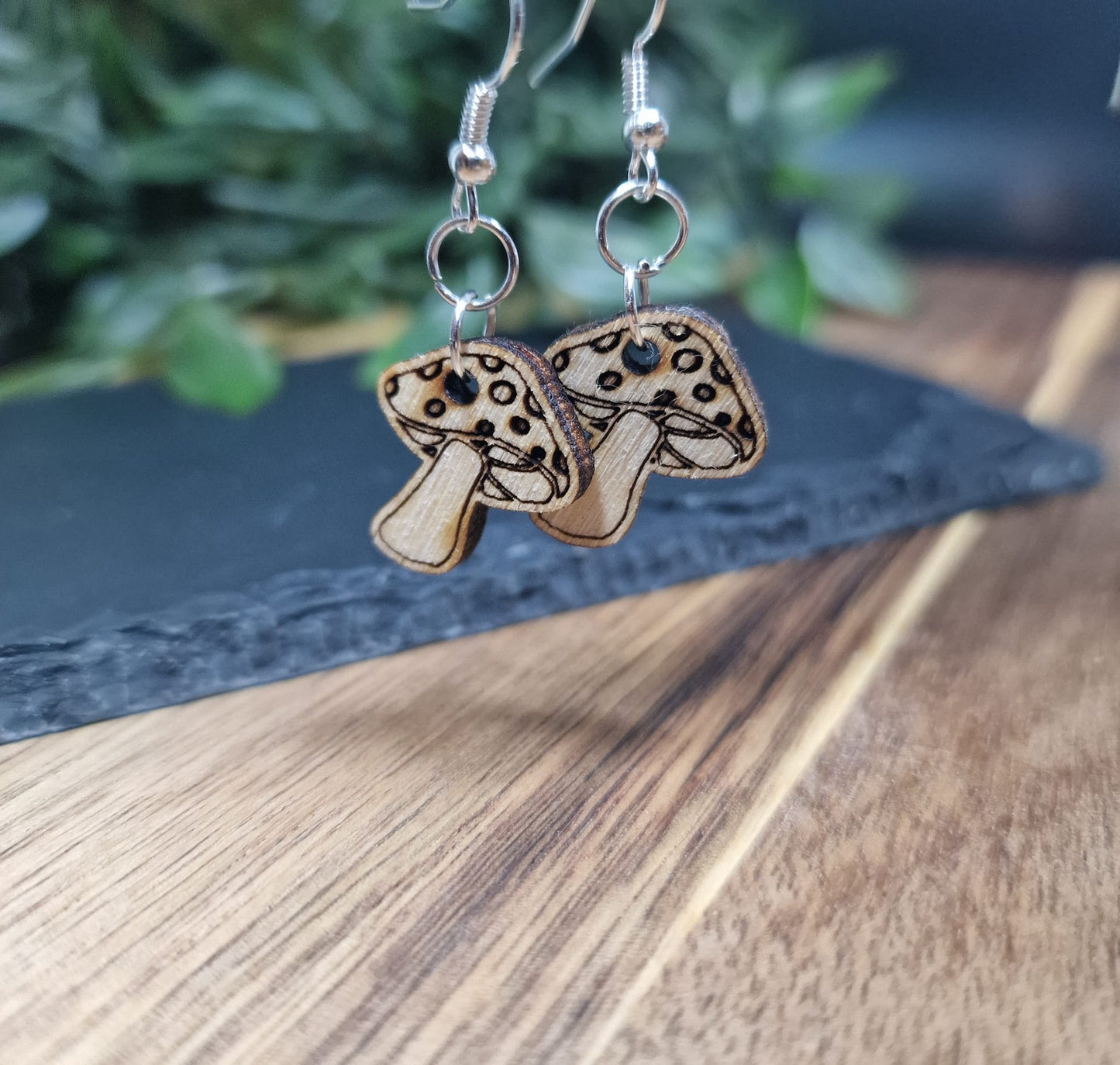 Laser-Engraved Wooden Mushroom Earrings