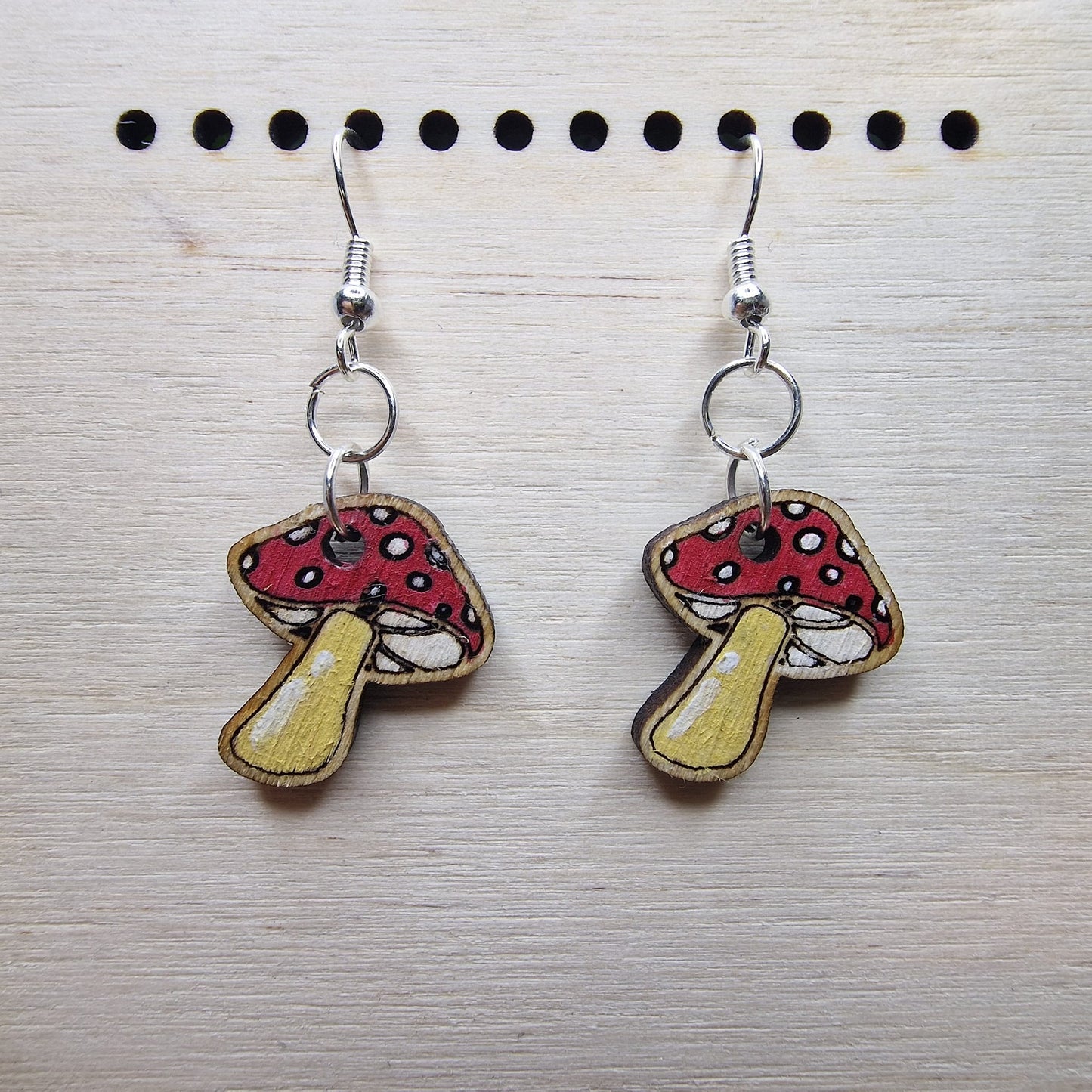 Laser-Engraved Hand Painted Wooden Mushroom Earrings