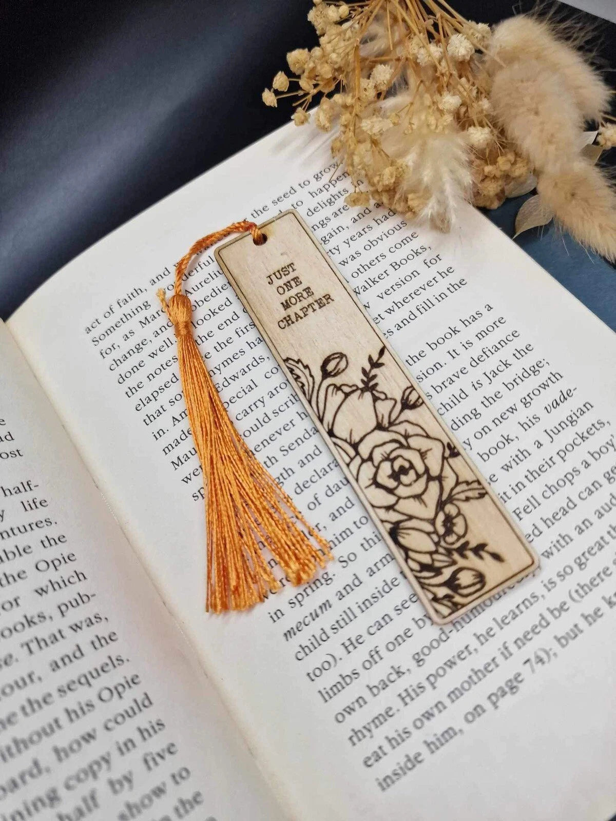 Handmade Natural Wood Bookmark - "Just One More Chapter" with Rose Floral Engraving