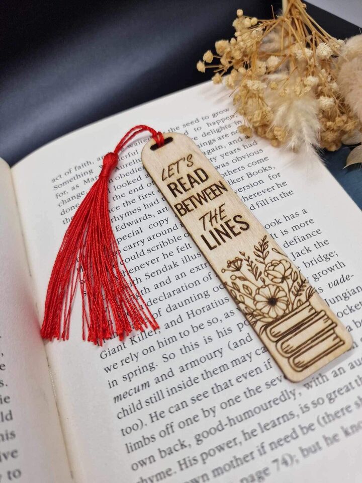 Handmade Natural Wood Bookmark - Floral Books & Flowers Engraving with “LET’S READ BETWEEN THE LINES”
