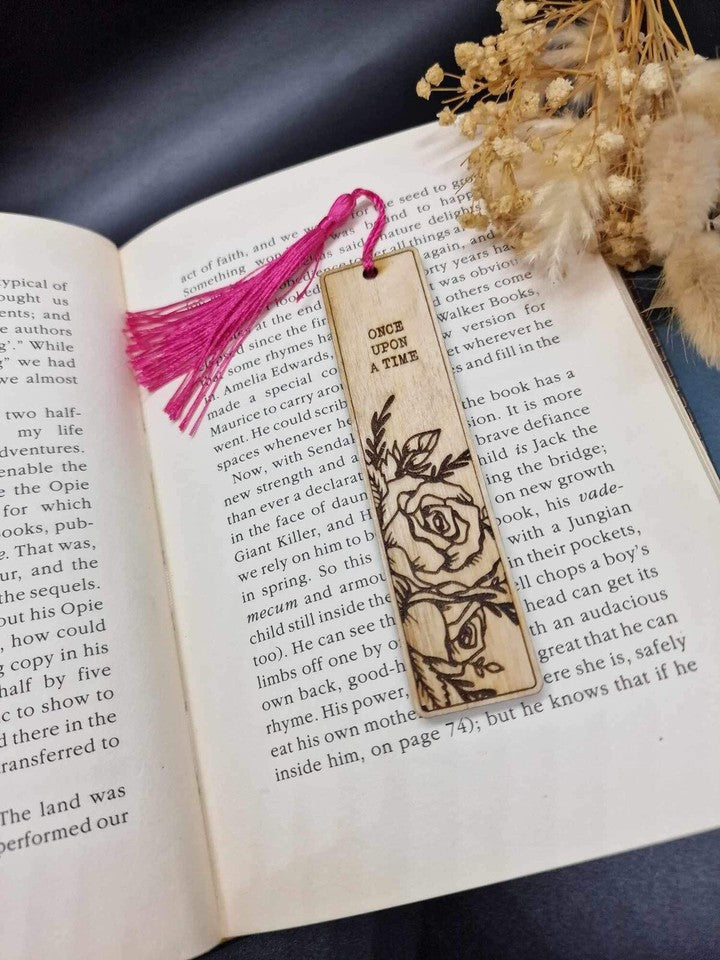 Handmade Natural Wood Bookmark - Storybook Rose Engraving with “ONCE UPON A TIME”