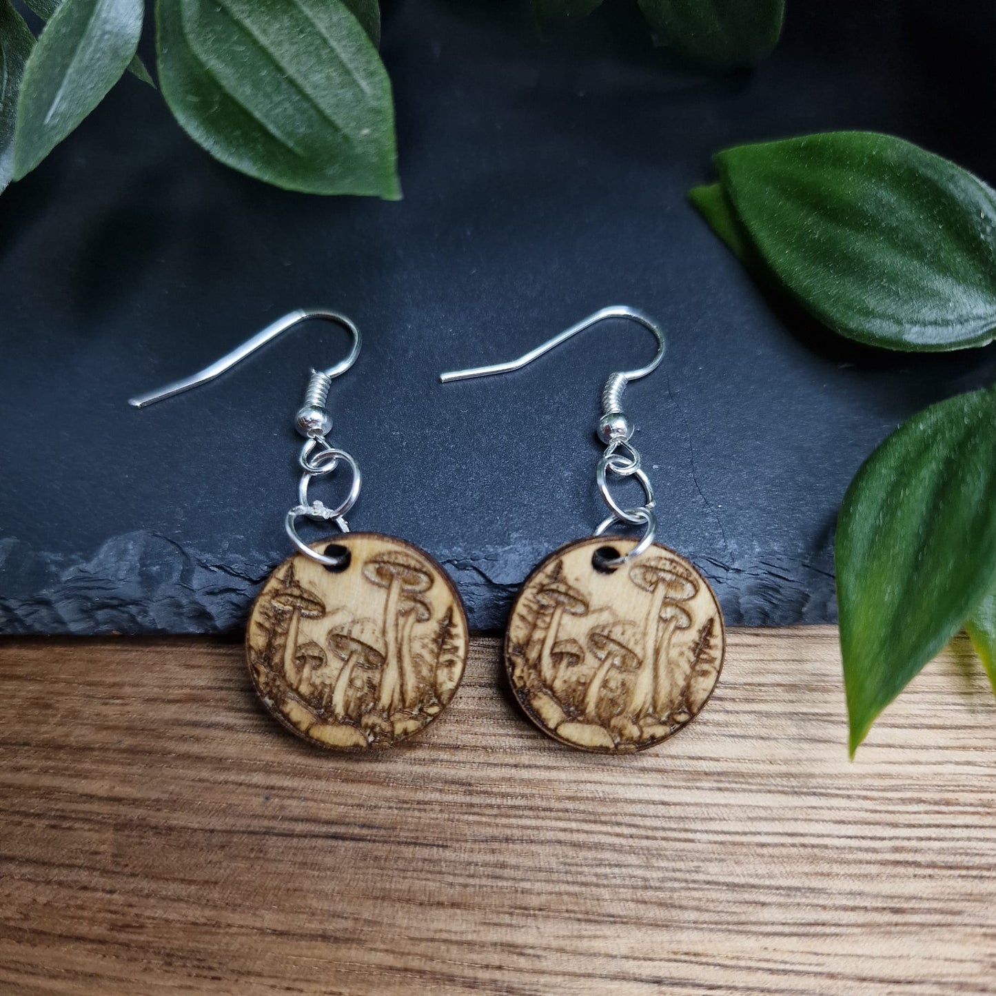Laser-Engraved Wooden Mushroom Forest Earrings