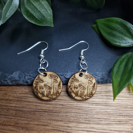 Laser-Engraved Wooden Mushroom Forest Earrings