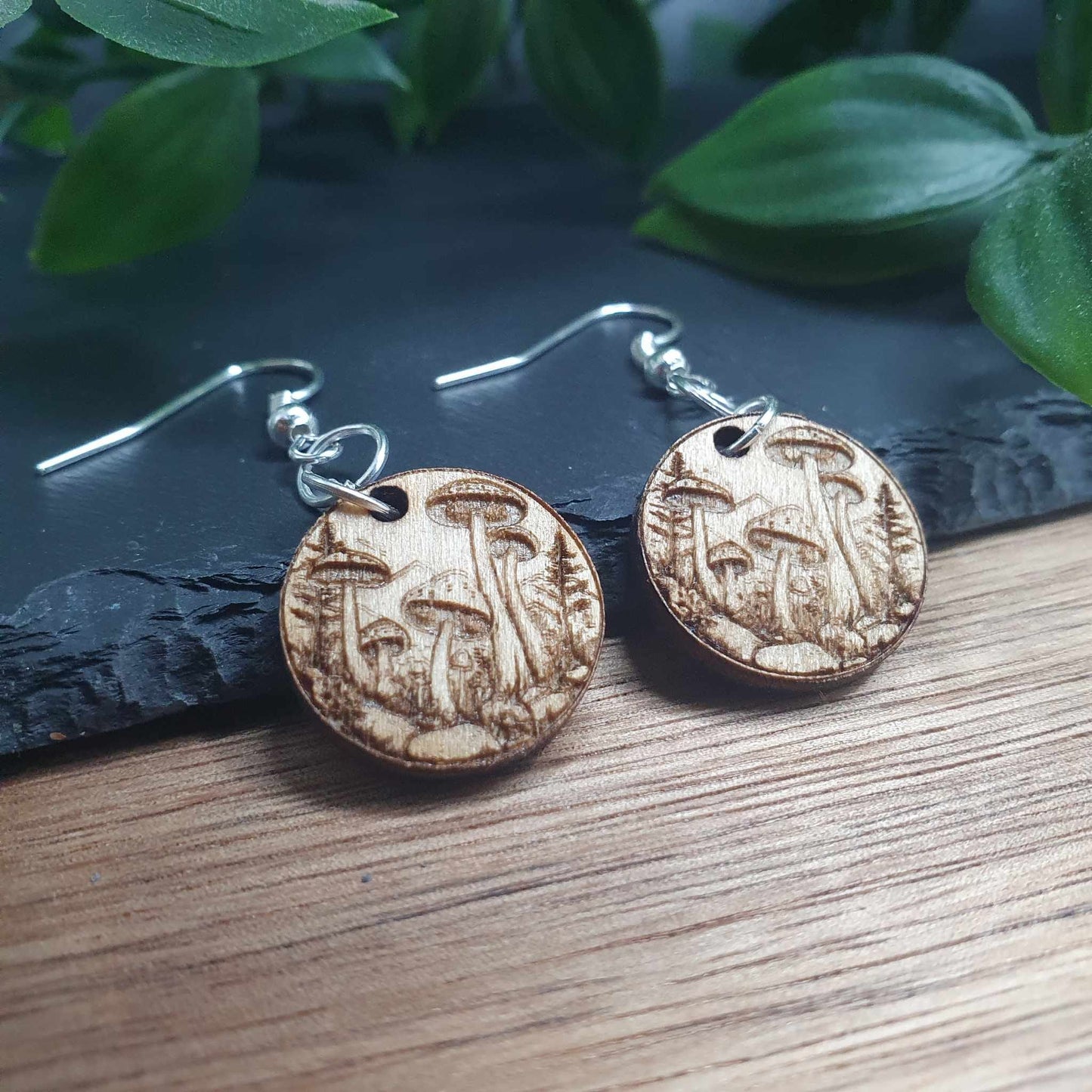 Laser-Engraved Wooden Mushroom Forest Earrings