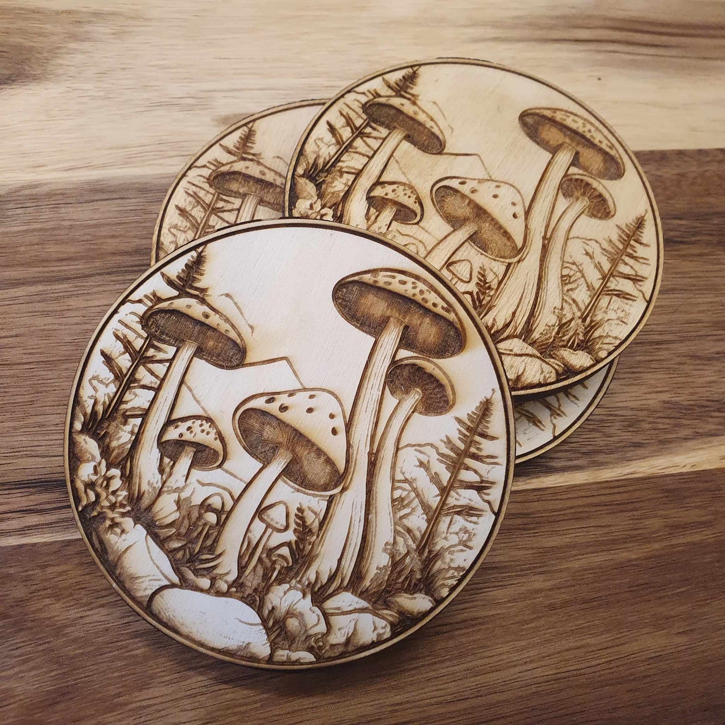 Laser-Engraved Wooden Mushroom Coasters – Set of 4