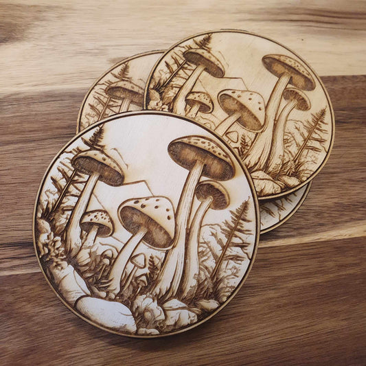 Laser-Engraved Wooden Mushroom Coasters – Set of 4
