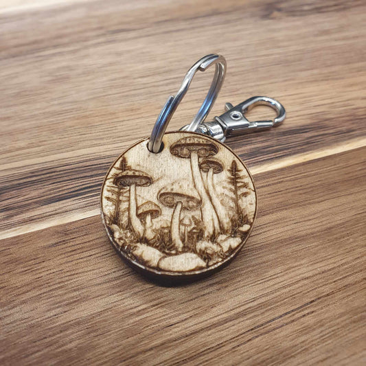 Laser-Engraved Wooden Mushroom Keyring