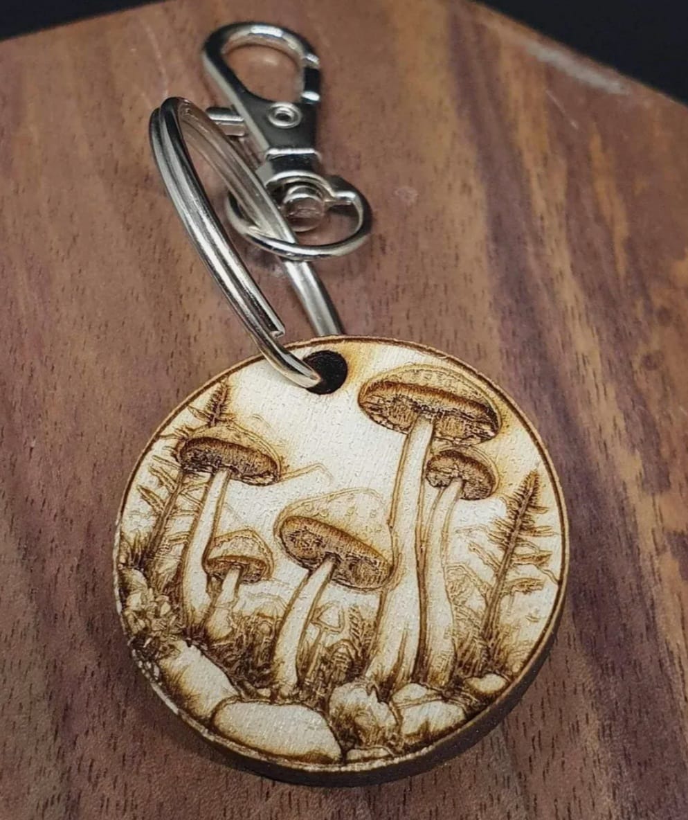 Laser-Engraved Wooden Mushroom Keyring