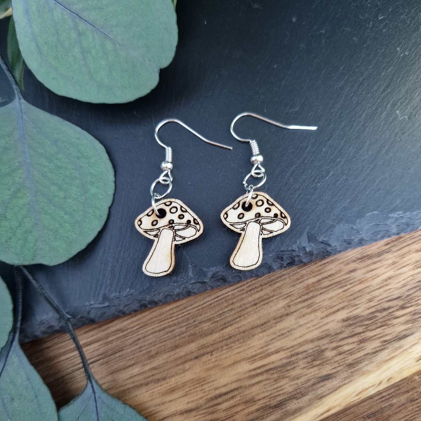 Laser-Engraved Wooden Mushroom Earrings