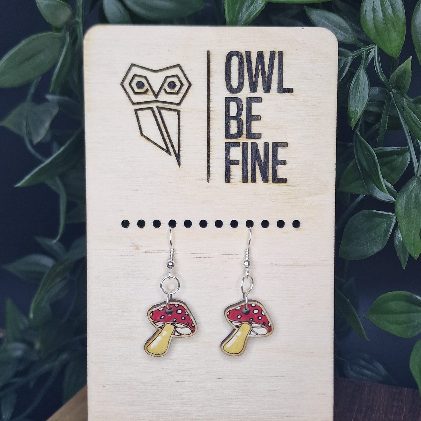 Laser-Engraved Hand Painted Wooden Mushroom Earrings
