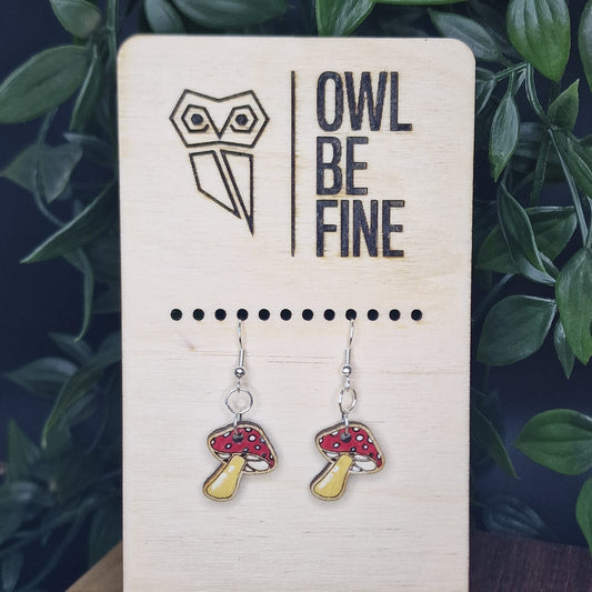 Laser-Engraved Hand Painted Wooden Mushroom Earrings