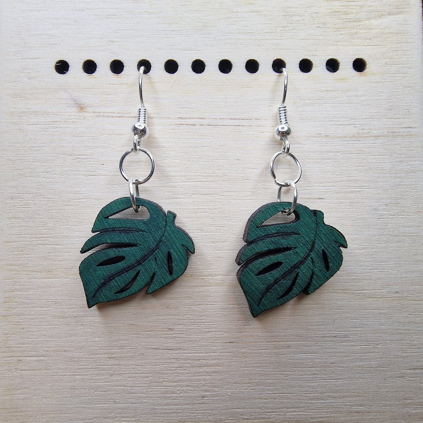 Hand-Painted Wooden Monstera Earrings