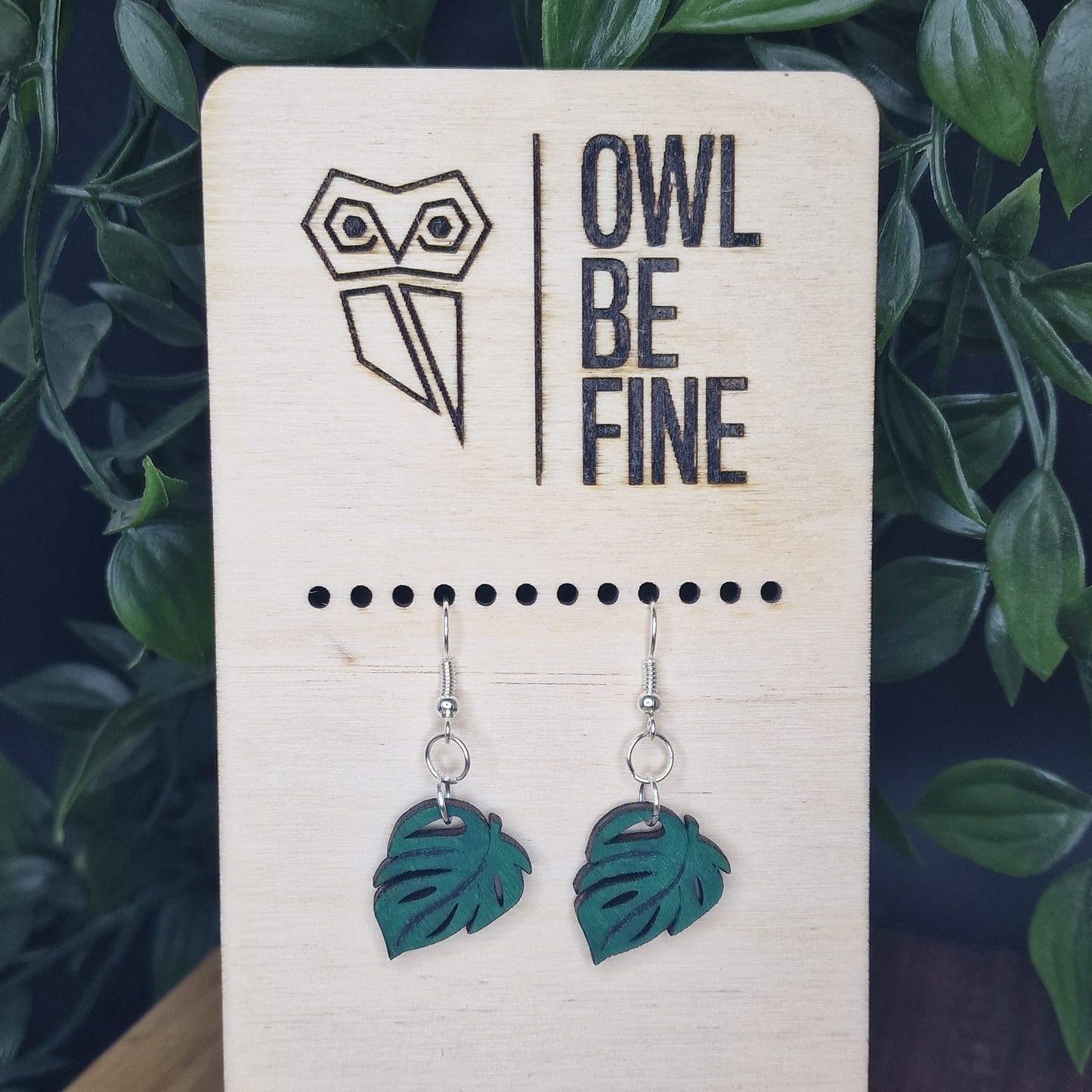 Hand-Painted Wooden Monstera Earrings