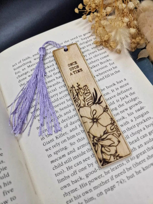 Handmade Natural Wood Bookmark – Floral Hibiscus Engraving with "Once Upon A Time"