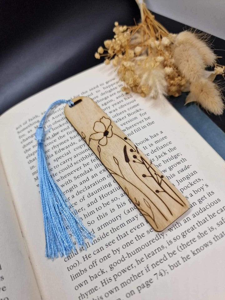 Handmade Natural Wood Bookmark - Poppy & Wild Sprig Engraving