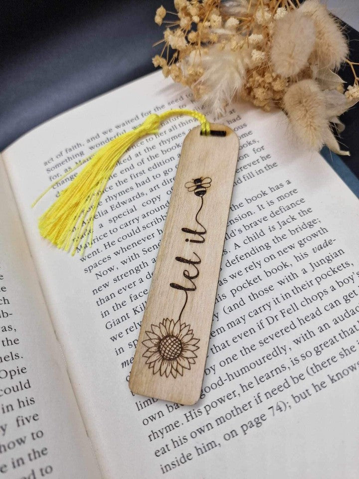 Handmade Natural Wood Bookmark - Sunflower Engraving with "let it… 🐝"