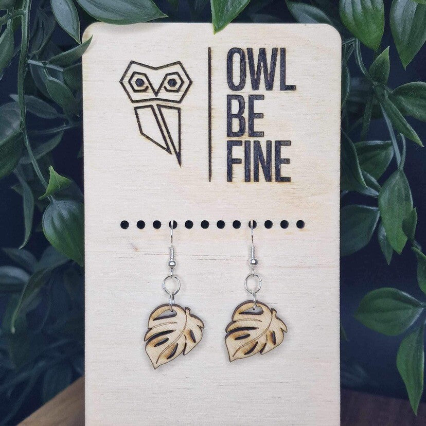 Handmade Natural Wood Earrings – Monstera Leaf