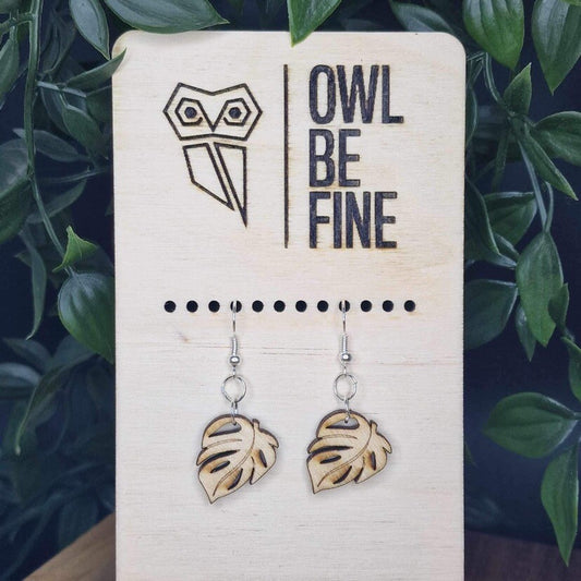 Handmade Natural Wood Earrings – Monstera Leaf