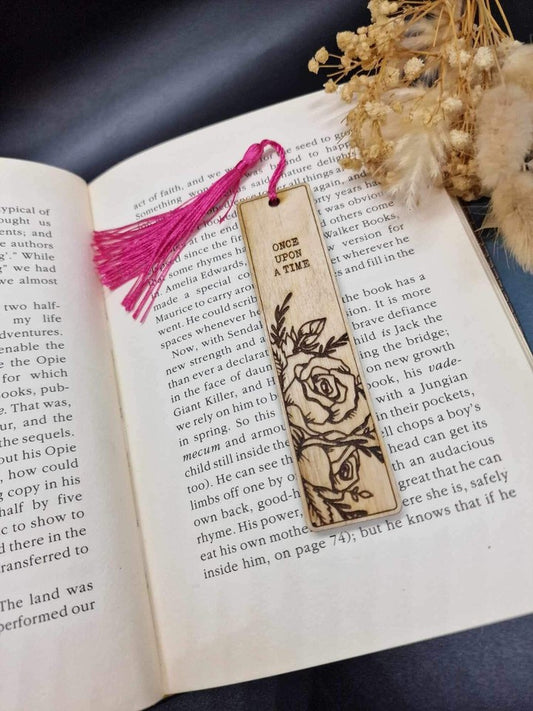 Handmade Natural Wood Bookmark - Storybook Rose Engraving with “ONCE UPON A TIME”