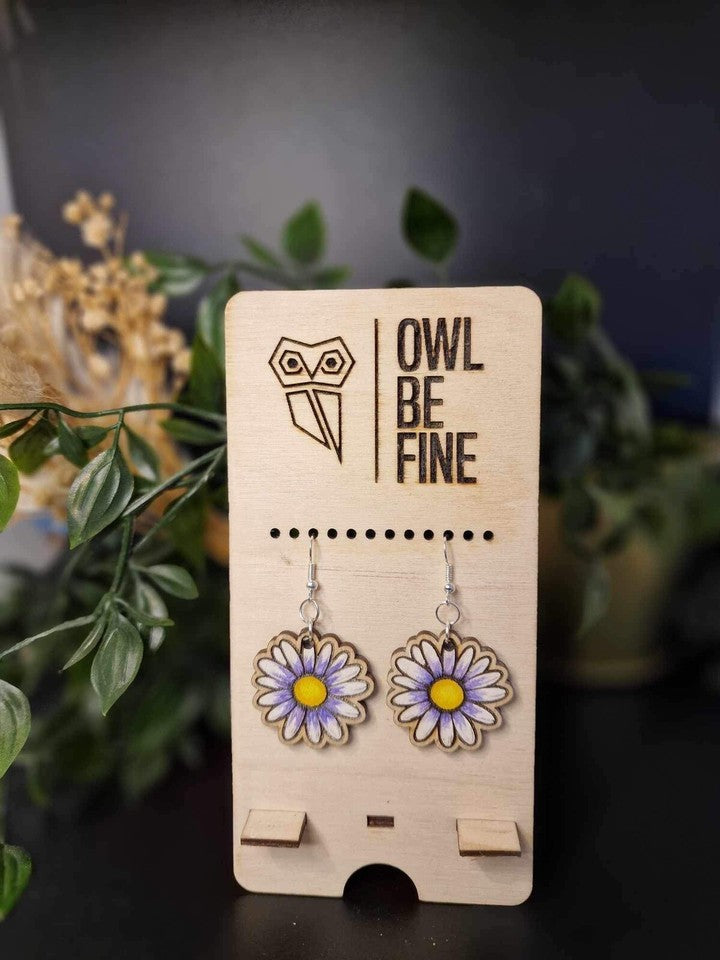 Handmade Natural Wood Earrings – Purple Daisies