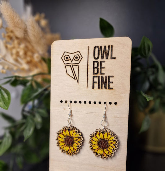 Handmade Natural Wood Earrings – Painted Sunflowers