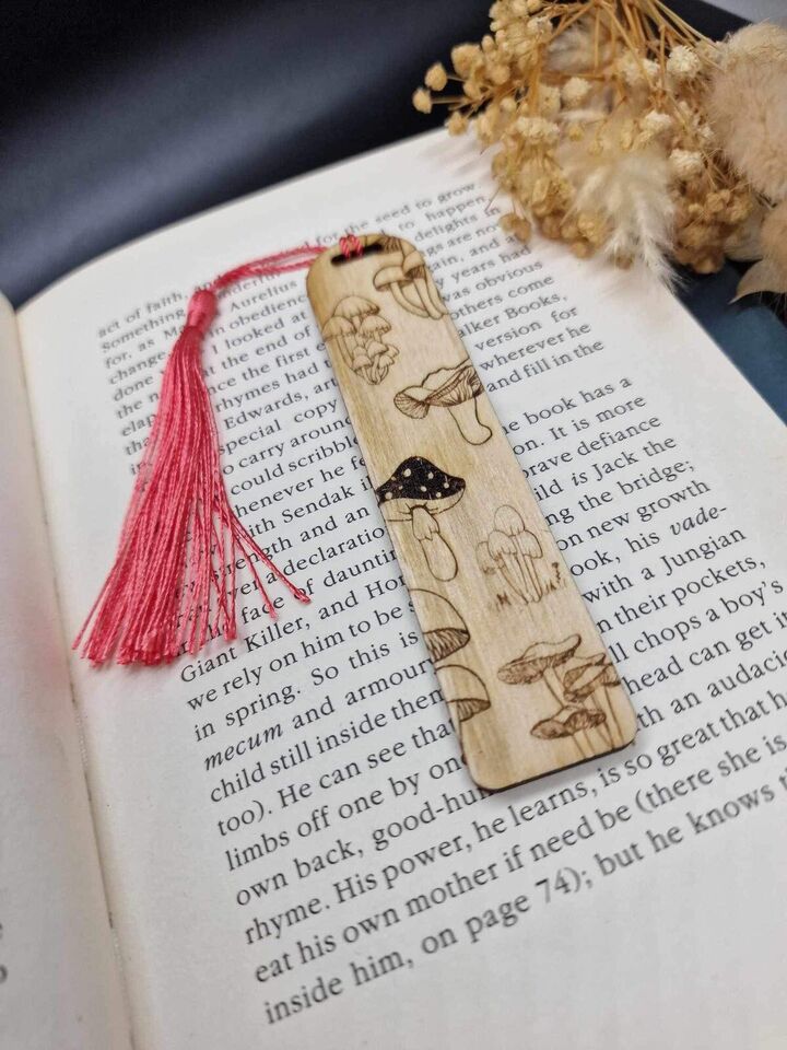Handmade Natural Wood Bookmark - Wild Forest Mushrooms Engraving