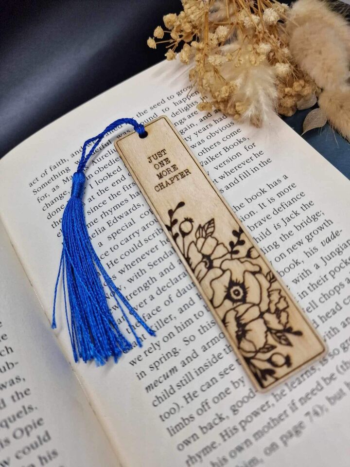 Handmade Natural Wood Bookmark - Floral Poppy Engraving with “JUST ONE MORE CHAPTER